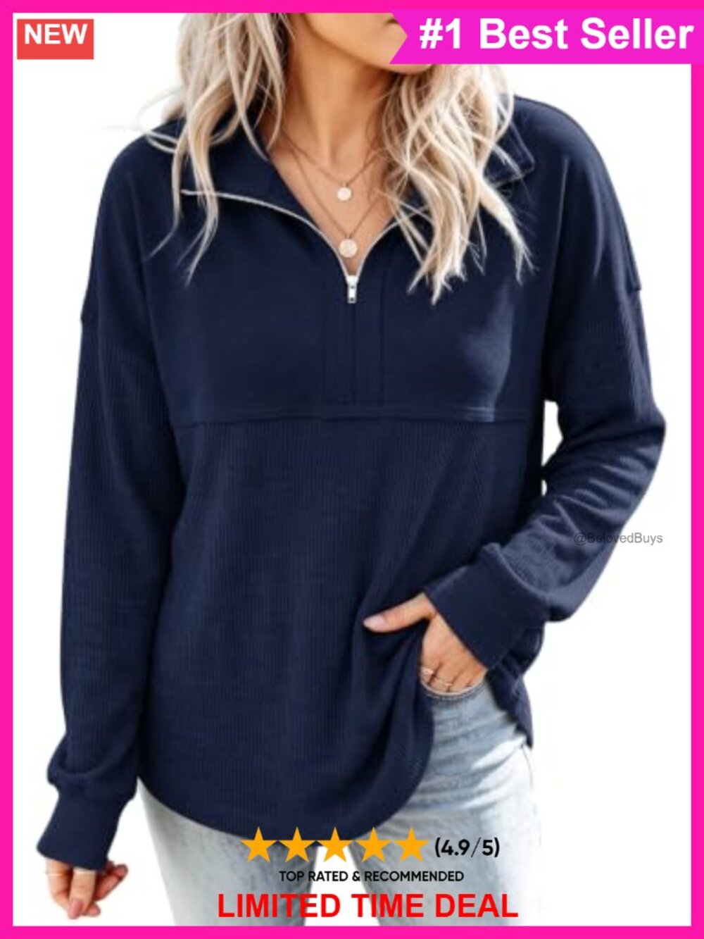 Half Zip Waffle Knit Oversized Sweatshirt Loose Pullover Long Sleeve Top
